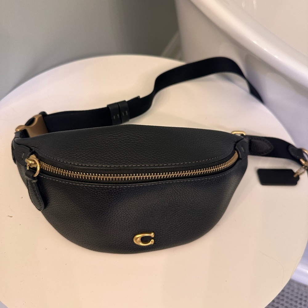 Coach Black Leather Belt Bag with Gold Hardware
